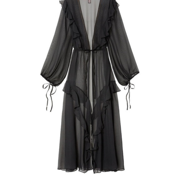 NEW XS/S VERY SEXY Plunge Ruffle Robe Kimono Long Studded - Picture 7 of 10